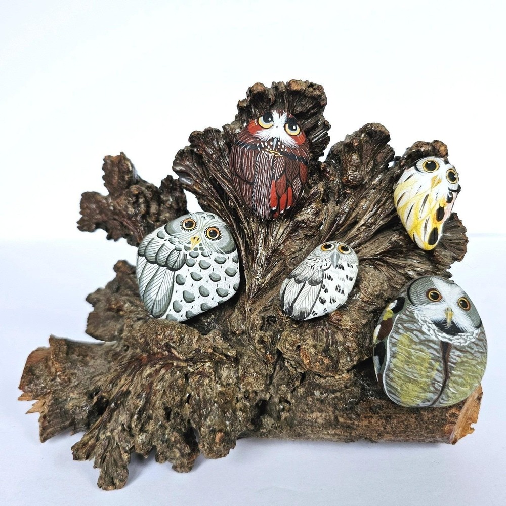 Vintage Hand Painted Owl River Rock Burl Wood Sculpture Rustic Folk Art Decor